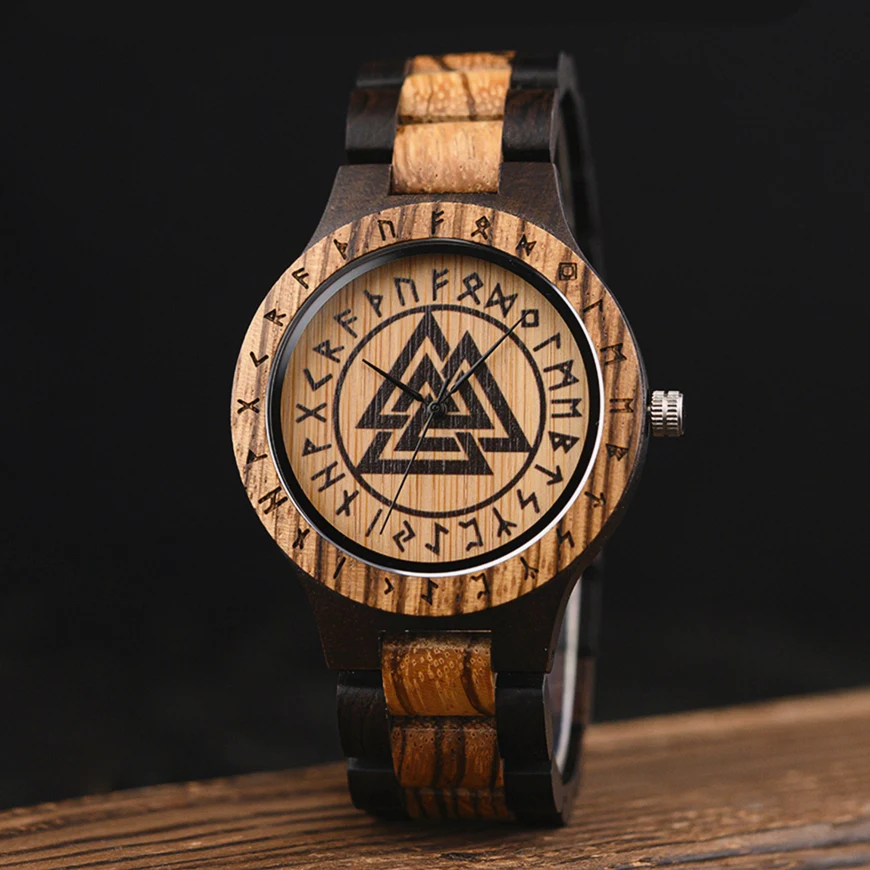 BOBO BIRD Vintage Wooden Watch Viking Warriors Symbol Men Watches Runic Circle With Helm of Awe Vegvisir Watch For Men Gifts