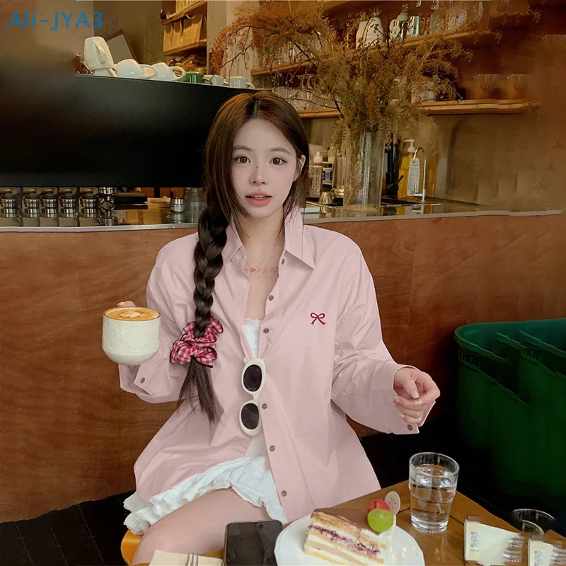 

Рубашка с воротником с отворотом и вышивкой бантом, однотонные Свободные повседневные топы для женщин, рубашка с защитой от солнца, куртка