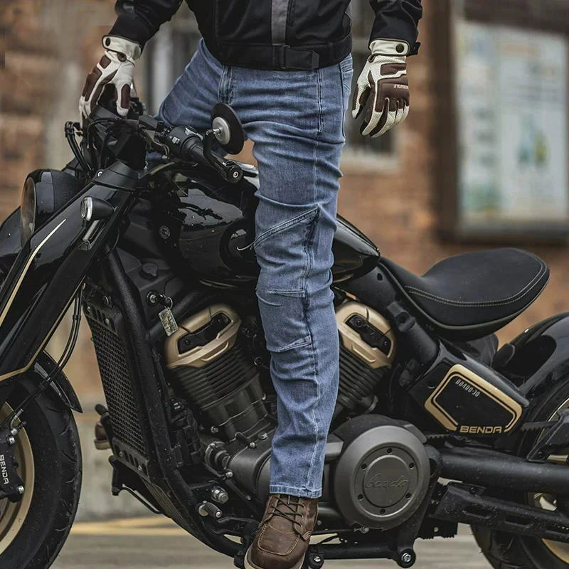남성용 오토바이 바지 올 시즌 노토사이클리스트 라이딩 진 레트로 탄성 바이커 바지 CE 승인 보호 기능 포함, P-088