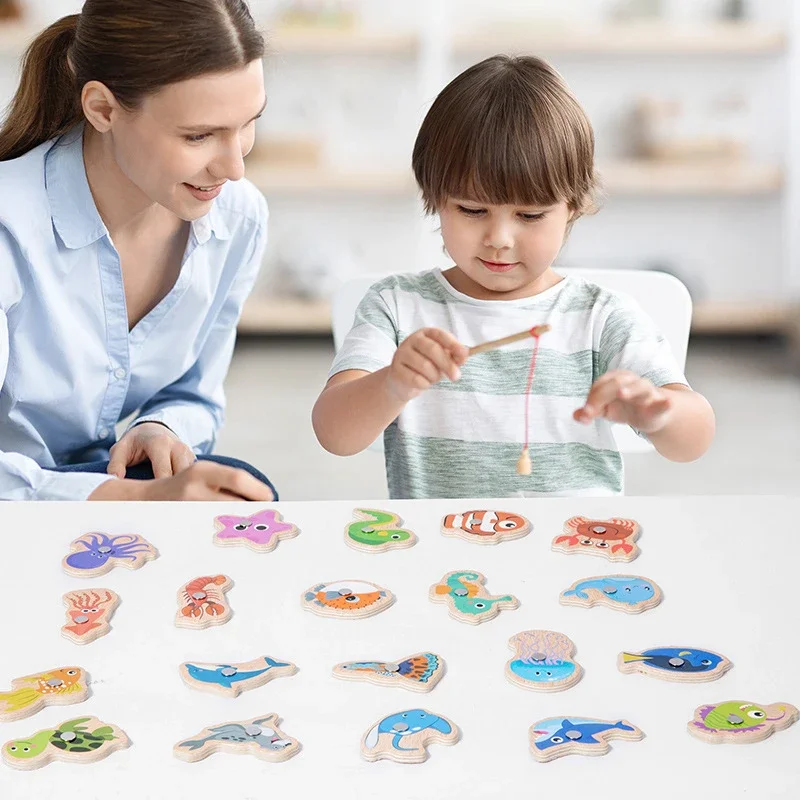 Wooden Montessori Catching Toys Funny Fine Motor Skill Fish Cognition Puzzle Toy Colorful Wooden Magnetic Fishing Game 3