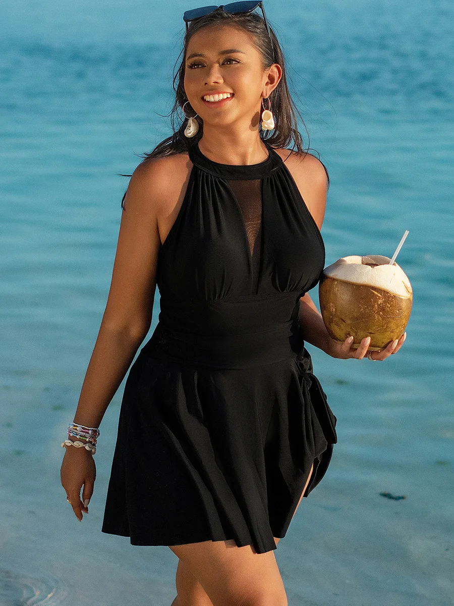 Oversize Bikini for Women Pure Black Mesh Patchwork Dress One Piece Swimsuit Halter Backless Beach Vacation Swimwear 2025 New