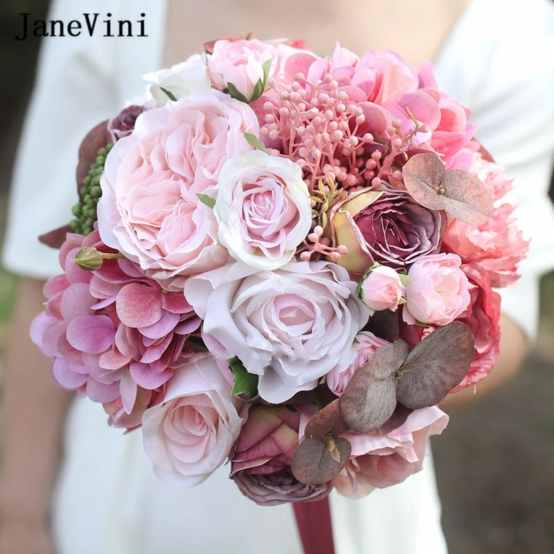 JaneVini Pink Flower Bouquet Wedding Western Bridal Artificial Roses Holding Flowers Bride Bouquet De Fleur Wedding Accessories