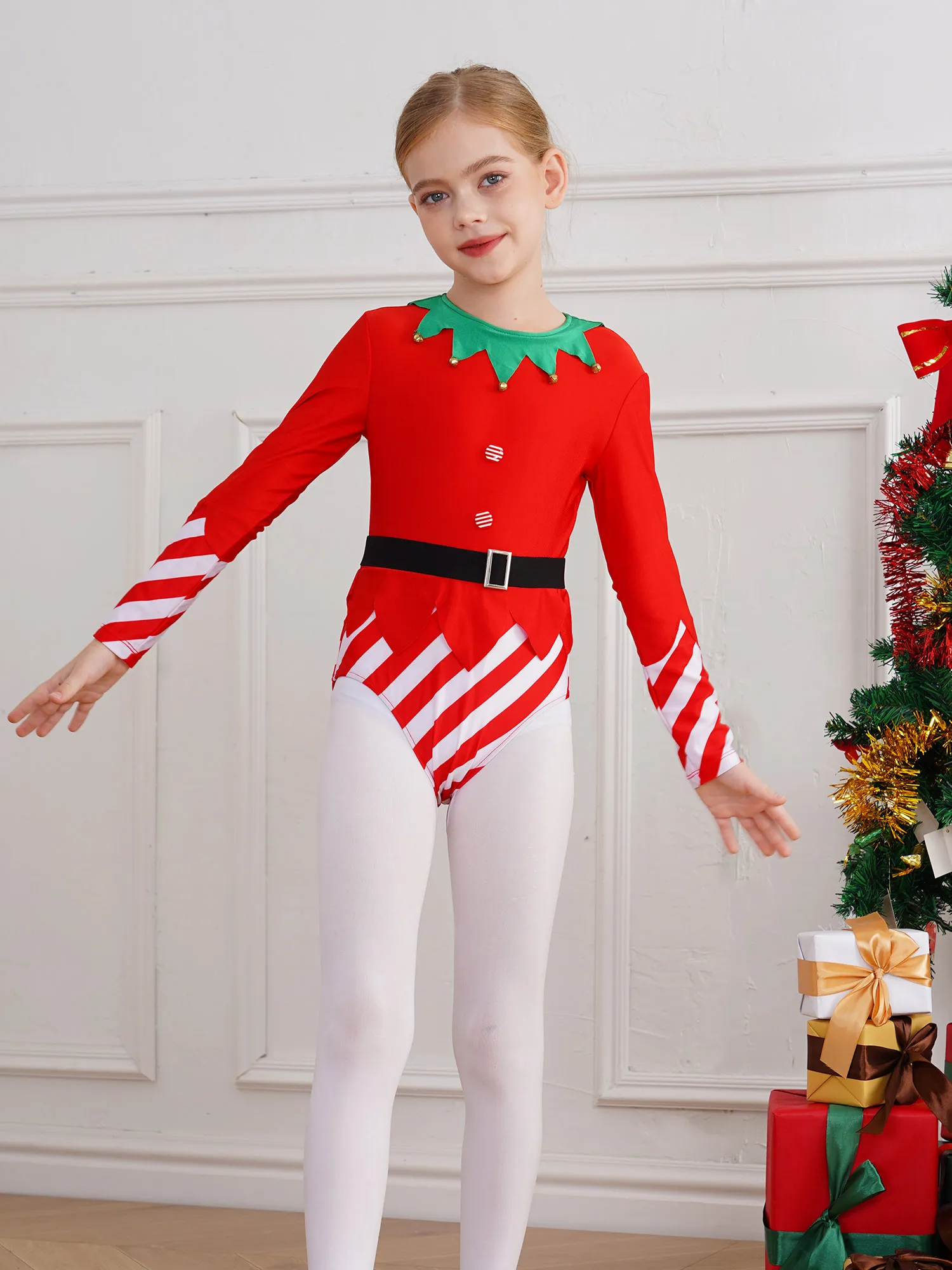 Kinder Mädchen Weihnachten Elf Santa Kostüm Langarm Streifen Gymnastik Trikot Ballett Tanz Overall Weihnachten Neujahr Party Tanz kleidung – Detail 4