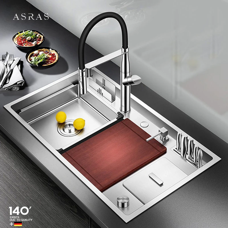 Asras Large Size Kitchen Sink 304 Stainless Steel 4mm Thickness Handmade Brushed Kitchen Sinks