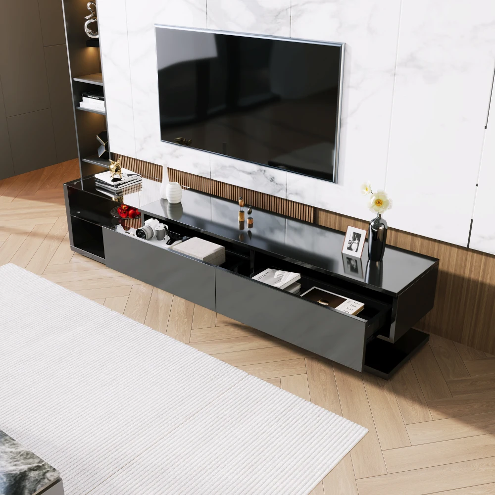 PINGGO Moderner Rustikaler TV-Schrank mit Hochglanz-Glastrennwänden und Variabler LED-Beleuchtung - Wohnzimmermöbel – Detail 10