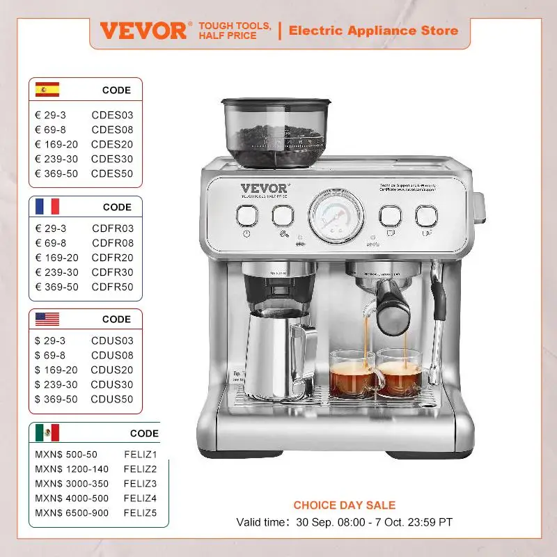 VEVOR Espresso Machine with Grinder 15 Bar Semi-Automatic Espresso Coffee Maker with Milk Frother Steam Wand