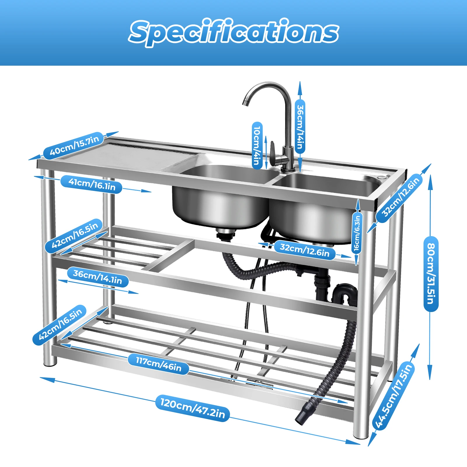 Kitchen Commercial Sink with 2 Bowls 2 Compartment Utility Sink with 2 Drainer & 2 Shelves 304 Stainless Steel 3