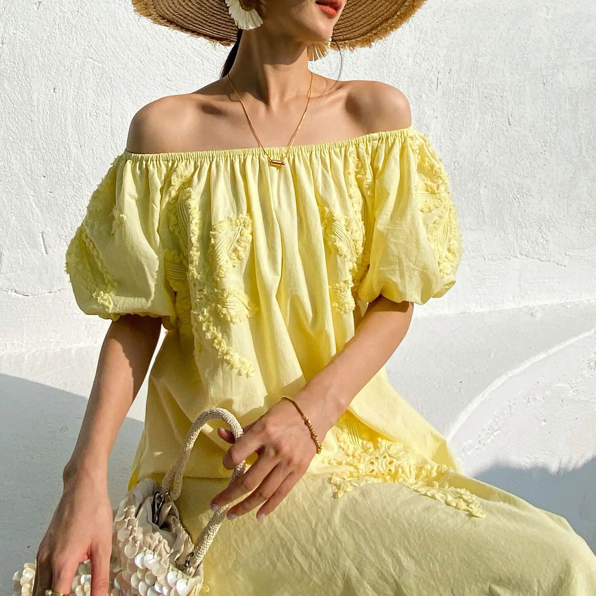 Embroidered Lemon Yellow Floral Off-shoulder Loose Fit Women's Midi Dress  2024 Spring/Summer Vacation Beach Dress - AliExpress