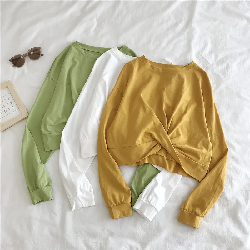 

Casual Women Long Sleeve T-shirt 2022 Spring Autumn O-neck Loose All-match Crop Top Korean New Fashion Chic Streetwear