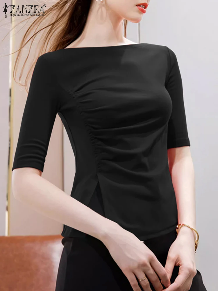 

ZANZEA Summer Casual Pleated Design Blouse Female Fashion Slim Chemise Woman Half Sleeve O Neck Tops Elegant Solid Blusas Mujer
