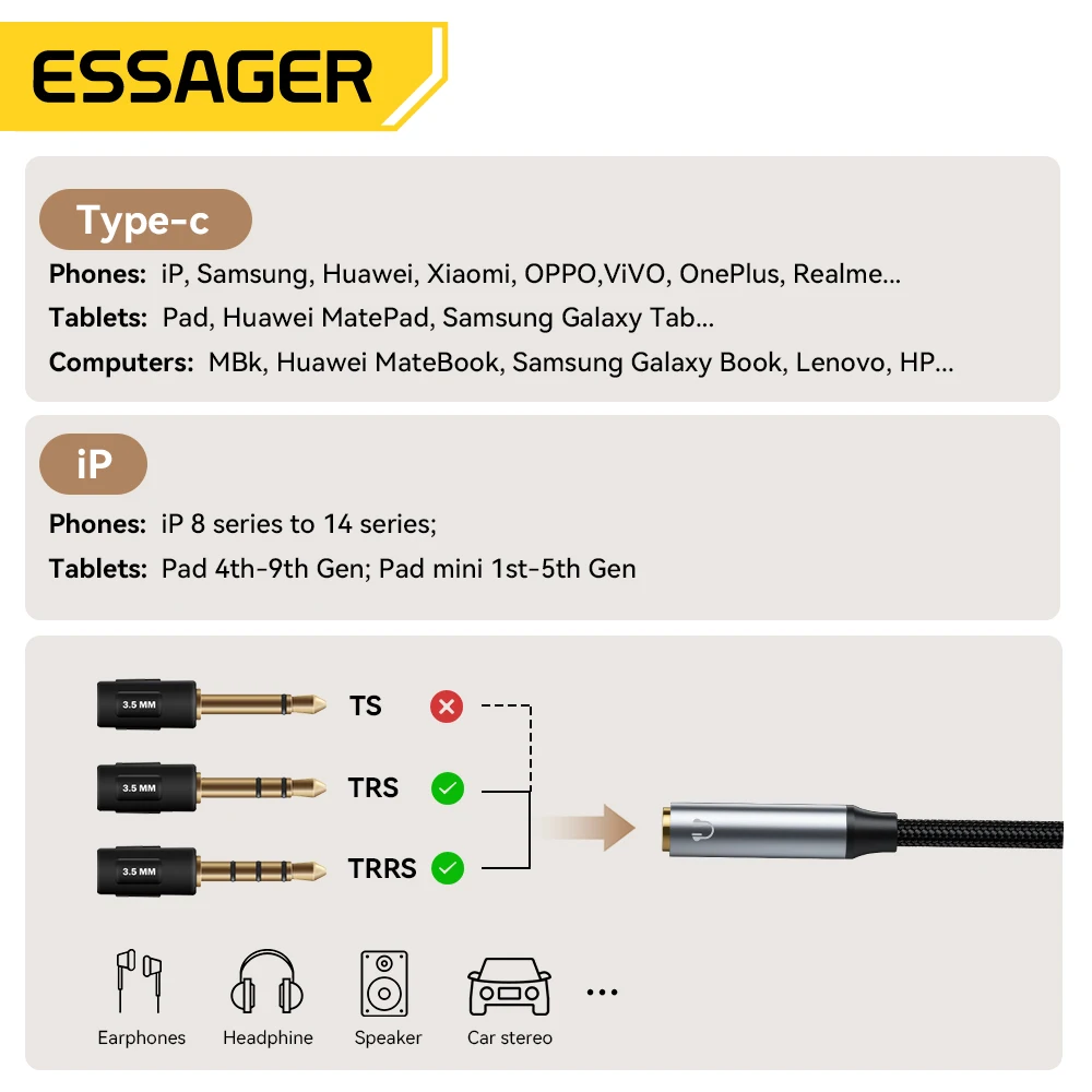 Essager L-shape Type-C to 3.5mm Jack Audio Cable for iPhone 16 15 Samsung Lightning to 3.5mm Headphone Adapter for iPhone14 13