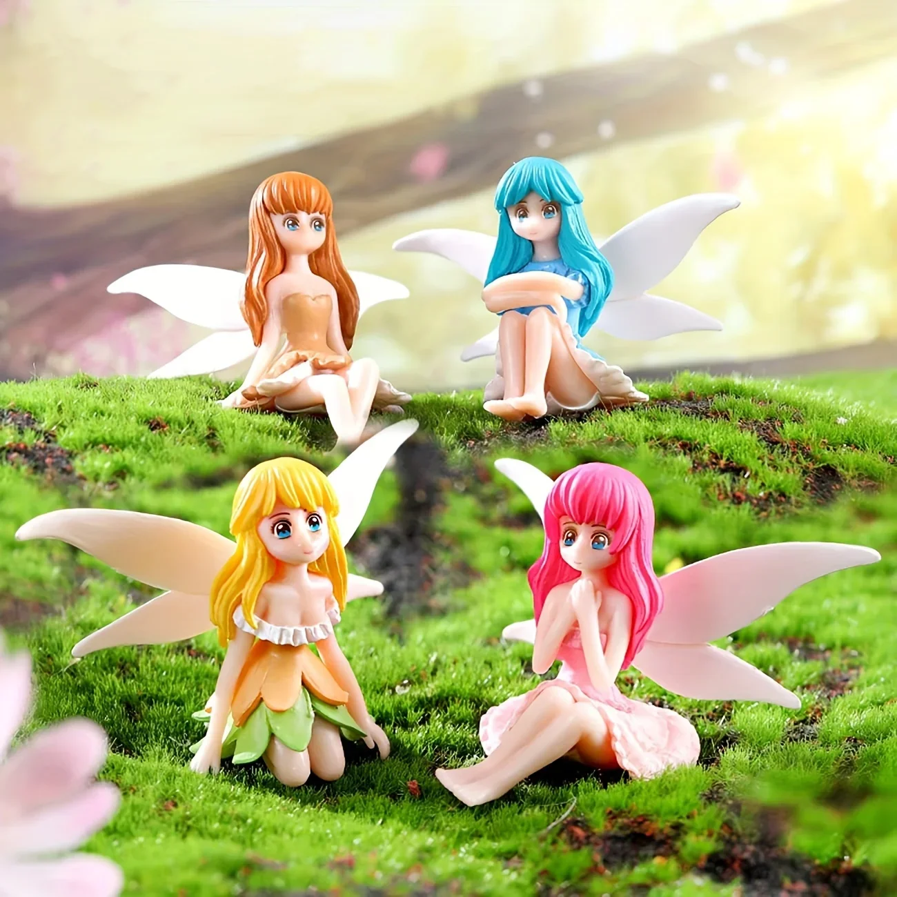4pcs/set Fairy Garden Accessories Dollhouse Ornamen Flower Fairy Pixie Fly Wing Miniatures Girl PVC Figurines