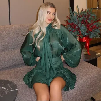 Women Shiny See Through Mini Dress Loose Long Sleeve Blouse Vestidos Elegant Party Short Vestidos 2025 New Lady Dress Clothing 1