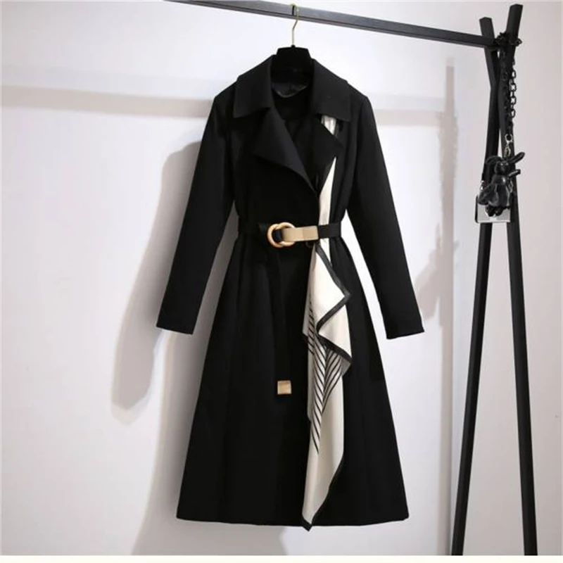 Women Large Size Turn-down Collar Windbreaker Fashion Ribbon Decorate Full Sleeve Trench Coat Single Button Korean Clothes Style