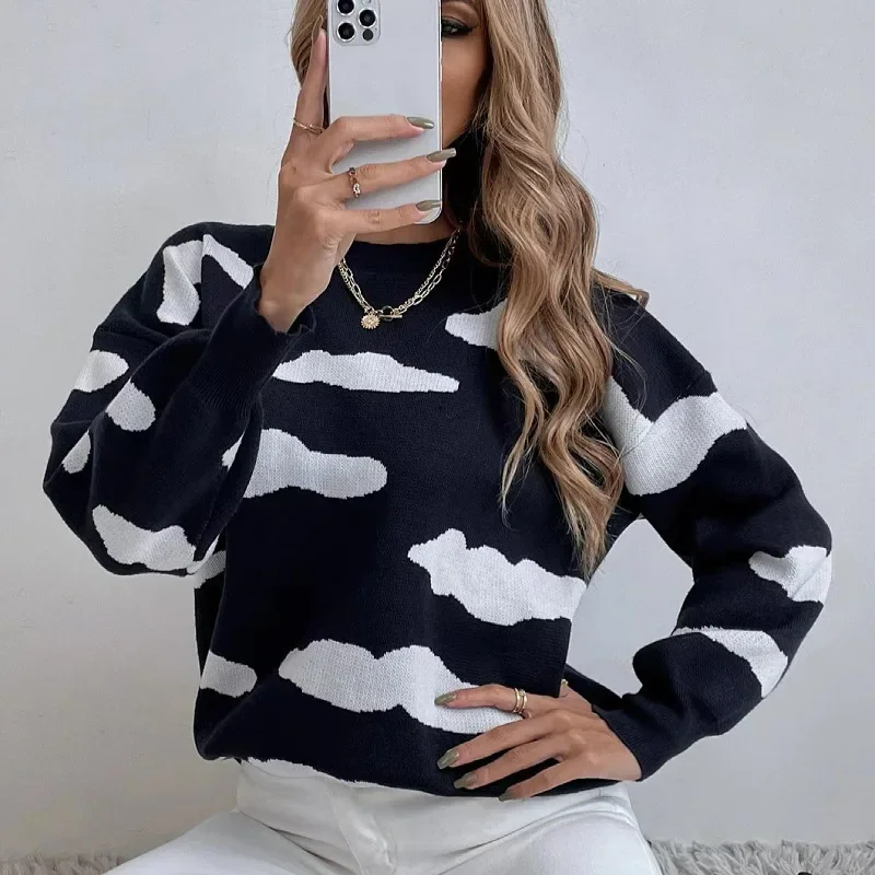 

Vintage Cloud Printed Knitted Pullover Women Fashion Long Sleeve Black Sweater Autumn Winter O-neck Loose Knitwears Jumper 28473