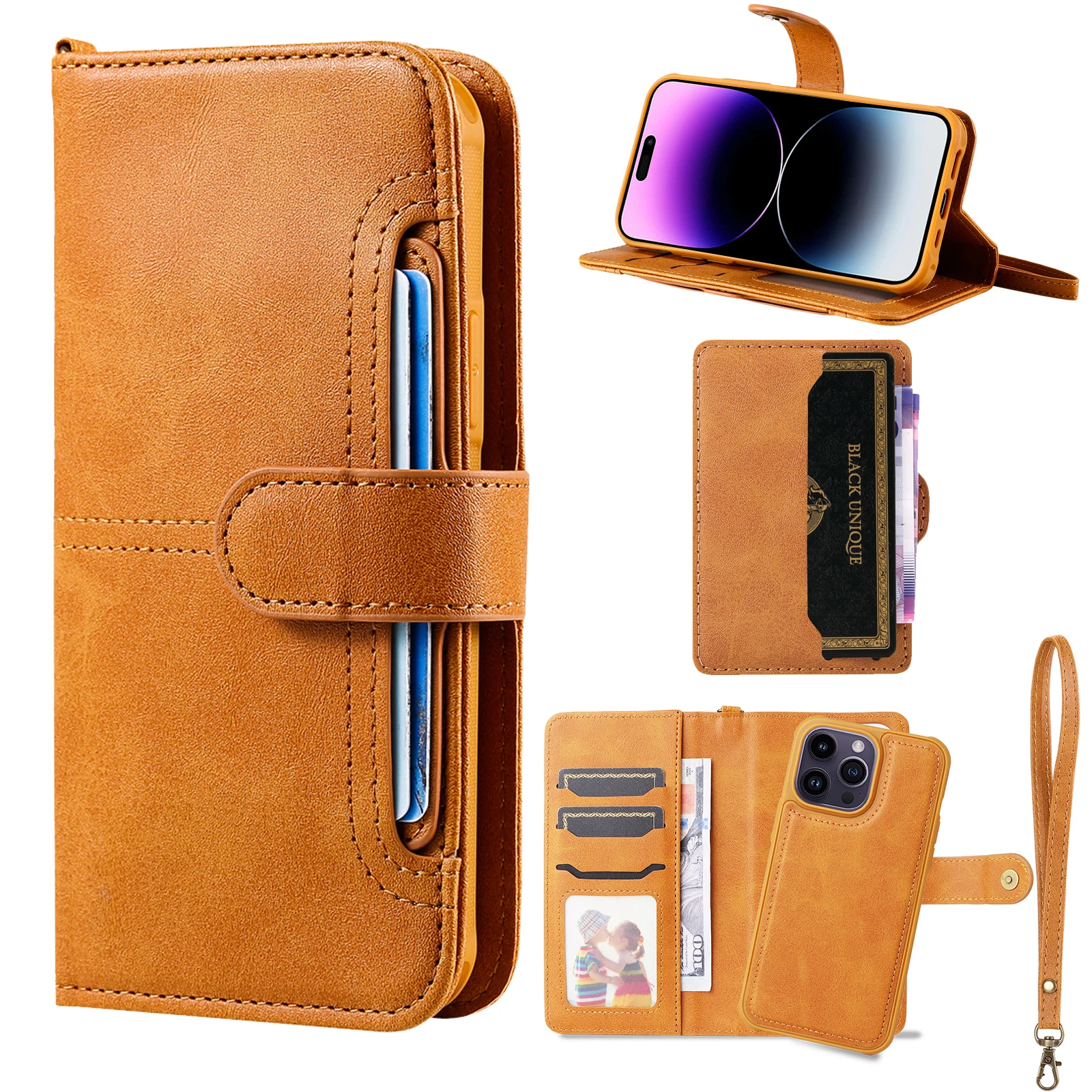 

PU Leather Detachable Card Holder Wallet Case, Multiple Function Flip Stand Phone Cover, For iPhone 14 Pro Max 13 12 11 XR X 8 7