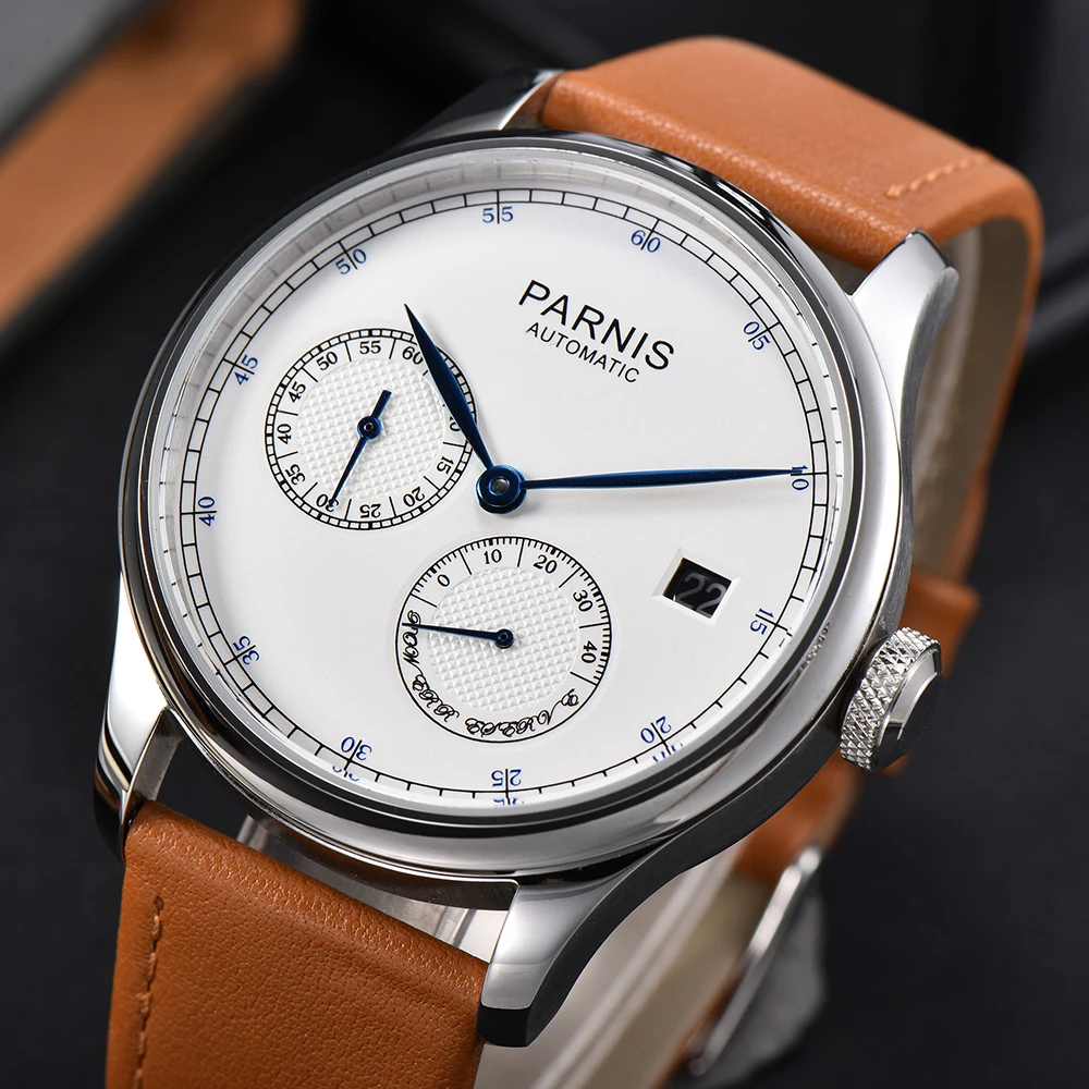 

Parnis 43mm Silver Case Automatic Mechanical Men's Watch Power Reserve Calendar Leather Strap Wristwatches For Men reloj hombre