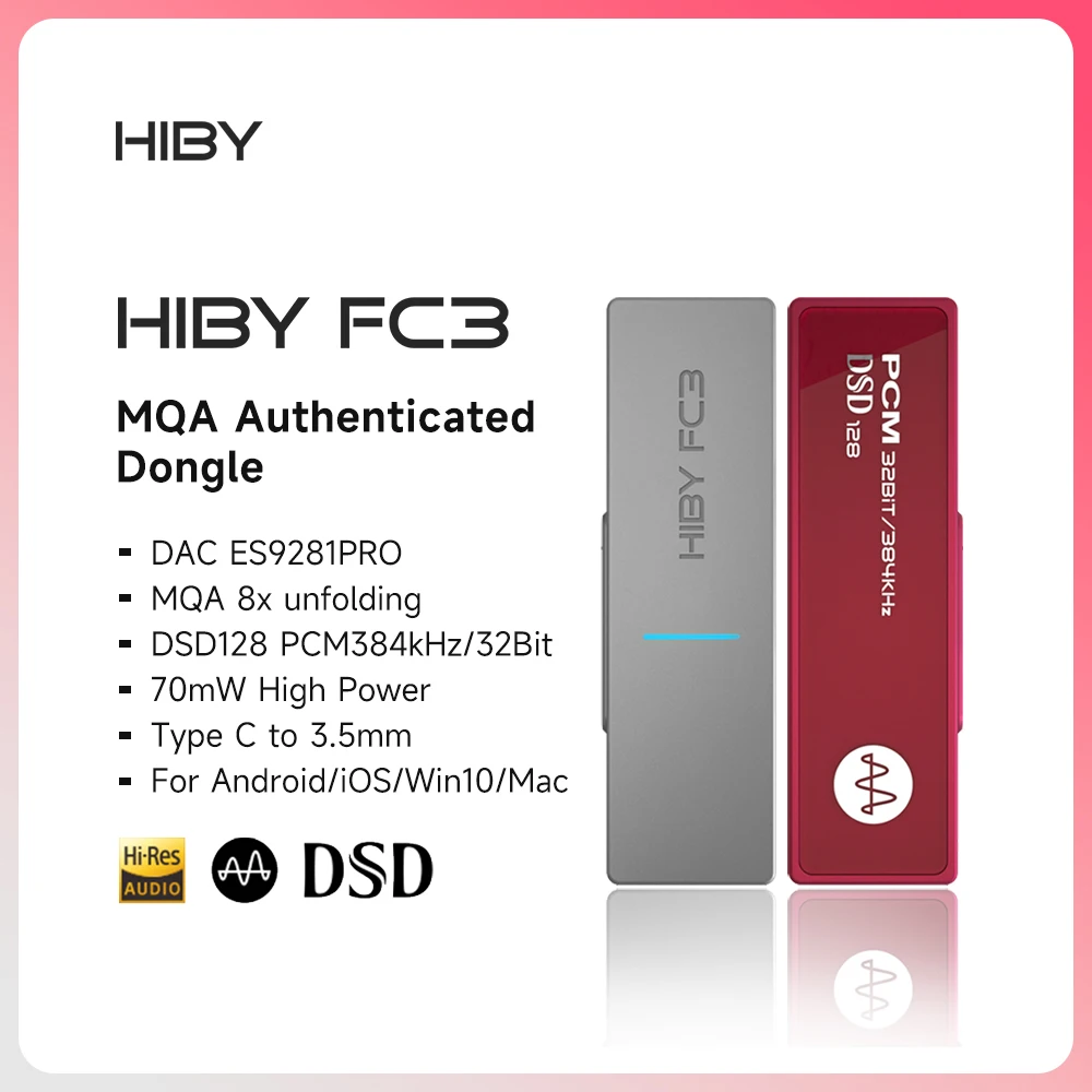 HiBy FC3 Portable MQA 8X Dongle Type C USB DAC Audio HiFi Decoder Amplifier DSD128 ES9281 PRO 3.5 Jack for Android iOS Mac Win10