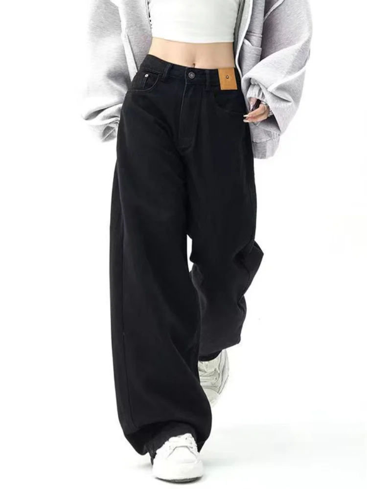 QWEEK Hippie Black Baggy Jeans Women Y2K Harajuku Korean Oversize Wide Leg Denim Pants Female Casual Kpop Streetwear Trousers qweek vintage 90s baggy jeans women y2k streetwear oversize distressed wide leg denim pants harajuku korean loose trousers