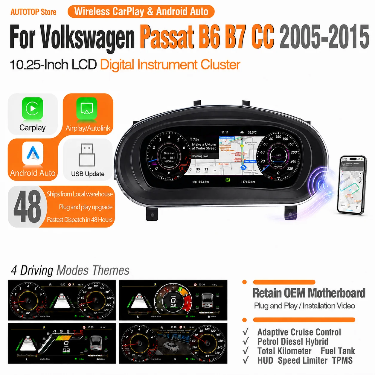 AUTOTOP Panel de Instrumentos Digital de 10.25 Pulgadas para Volkswagen VW Passat B6 B7 CC 2005-2015, Pantalla LCD de Cabina Virtual, Actualización de Velocímetro, Compatible con CarPlay Inalámbrico, Android Auto, AirPlay, AutoLink, Navegación, Información del Vehículo, TPMS 1