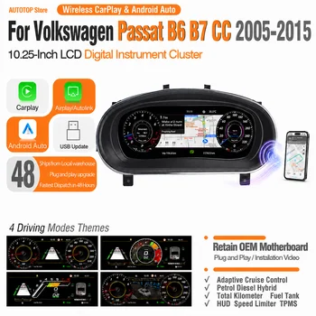 AUTOTOP Panel de Instrumentos Digital de 10.25 Pulgadas para Volkswagen VW Passat B6 B7 CC 2005-2015, Pantalla LCD de Cabina Virtual, Actualización de Velocímetro, Compatible con CarPlay Inalámbrico, Android Auto, AirPlay, AutoLink, Navegación, Información del Vehículo, TPMS 1