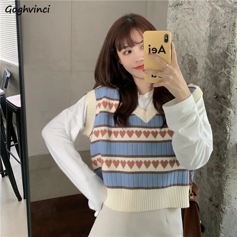

Sweater Vest Women Heart Loose Sweet All-match Panelled Preppy Style Casual V-neck Fashion Ulzzang Soft Spring Tender Chic Girls
