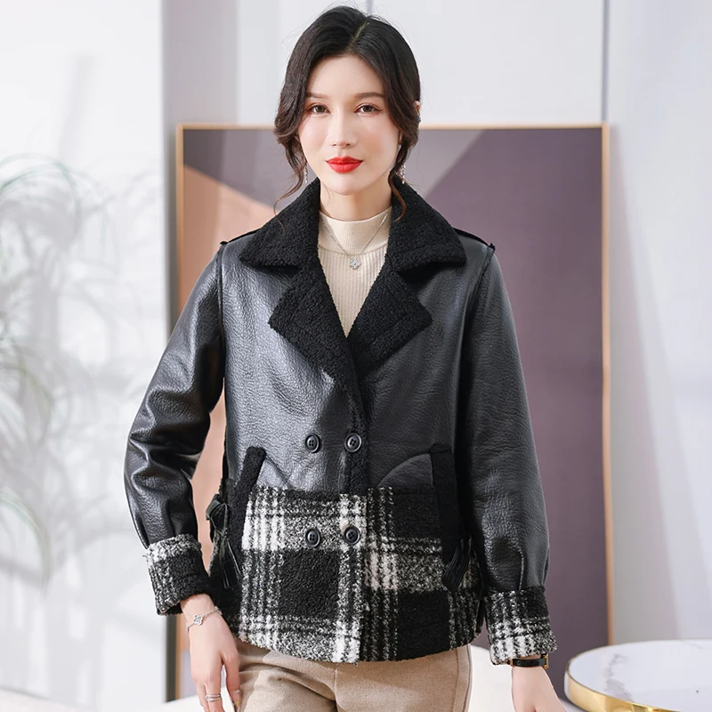 

Faux Leather Shearling Jacket for Women, Vintage Coat, Long Sleeve Pocket, Female Outerwear, Chic Tops, Thick and Warm, Fashion