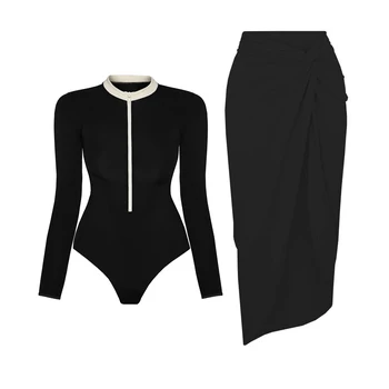Black White Long Sleeve Swimsuit Women Swimwear 2025 Sexy Bikinis Female Biquini Patchwork Swim Suits Surf Bodysuit Beachwear
