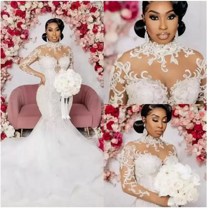 

New Luxury Heavy Beaded African Mermaid Wedding Dress Plus Size Long Sleeve Lace Wedding Gown