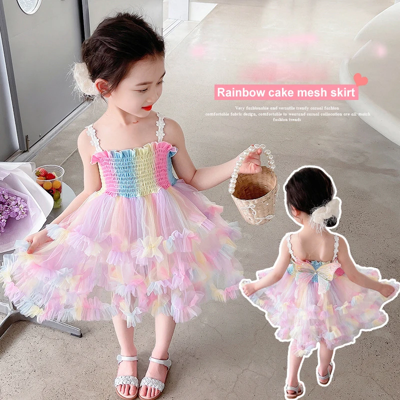 

Girls Flower Sleeveless Strap Princess Dress Tutu Colorful Butterfly Slip Skirt Cake Mesh Skirt Birthday Party Pettiskirt