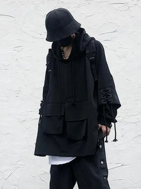 PFNW Techwear Black Hooded Sweatshirts Men's Hoodies Goth Darkwear Gothic Clothes Punk Clothing Japanese Streetwear Hip Hop 5
