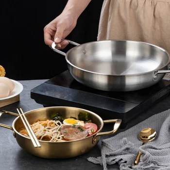 Japanese Silver Gold Stainless Steel Double Handle Noodle Soup Cooking Pot Mini Hot Pot 18-26CM