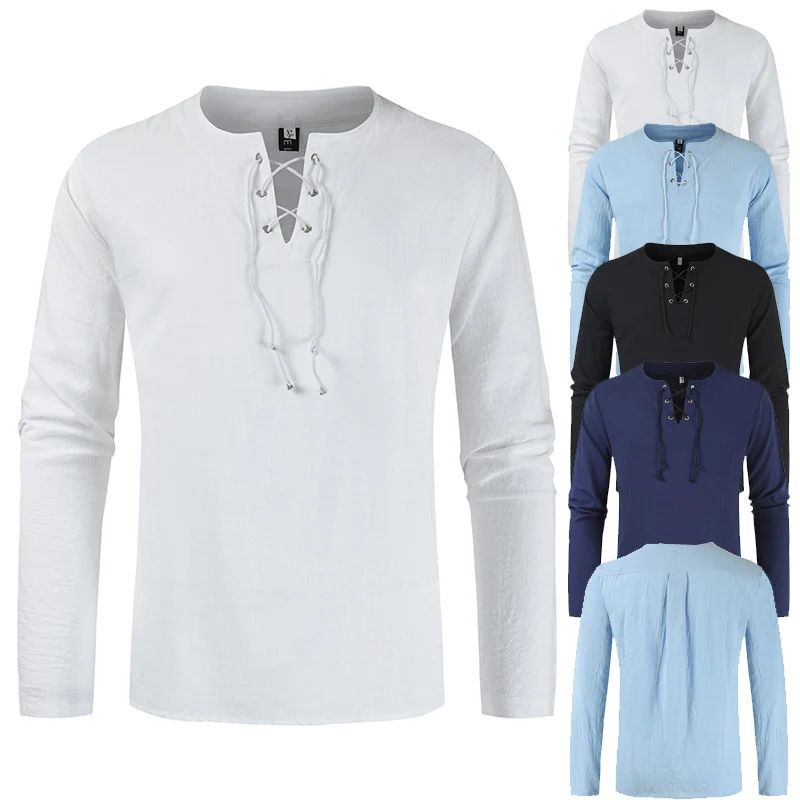 

Футболка мужская с V-образным вырезом, повседневная хлопково-Льняная тенниска с длинным рукавом, Спортивная майка для спортзала и пляжа, однотонная, в винтажном стиле, на осень