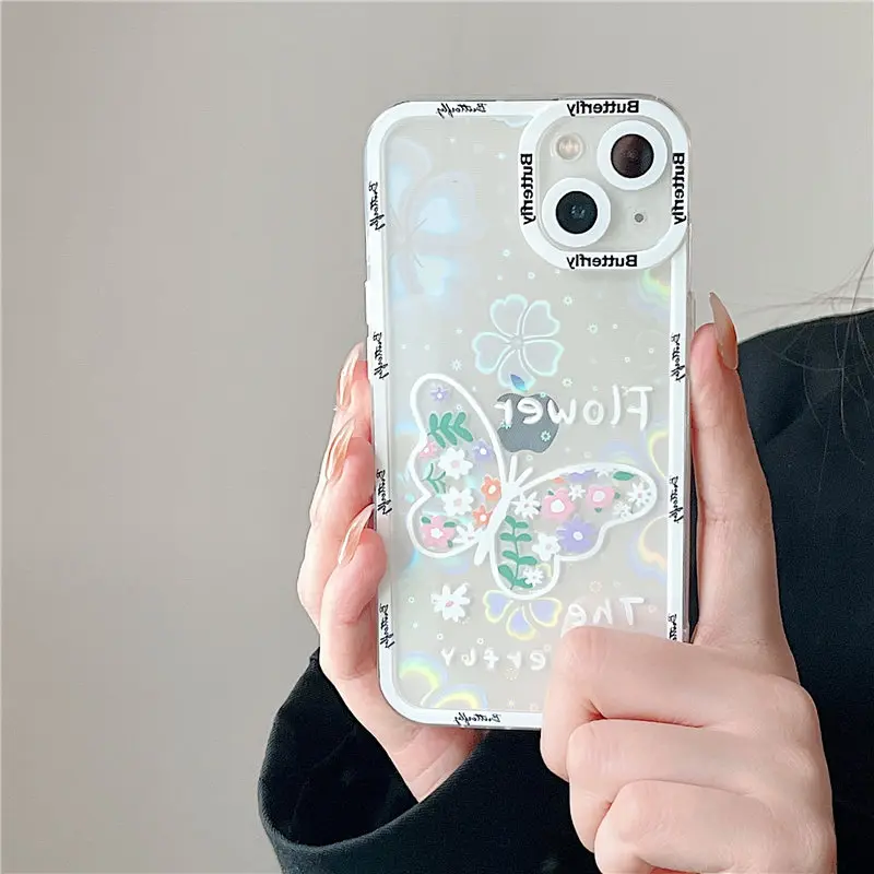 Holographic Laser Flower Butterfly Phone Case For iPhone 13 11 12 Pro Max XS Max XR X 7 8 Plus 13Pro 11 Clear Soft Bumper Cover iphone 12 mini leather case