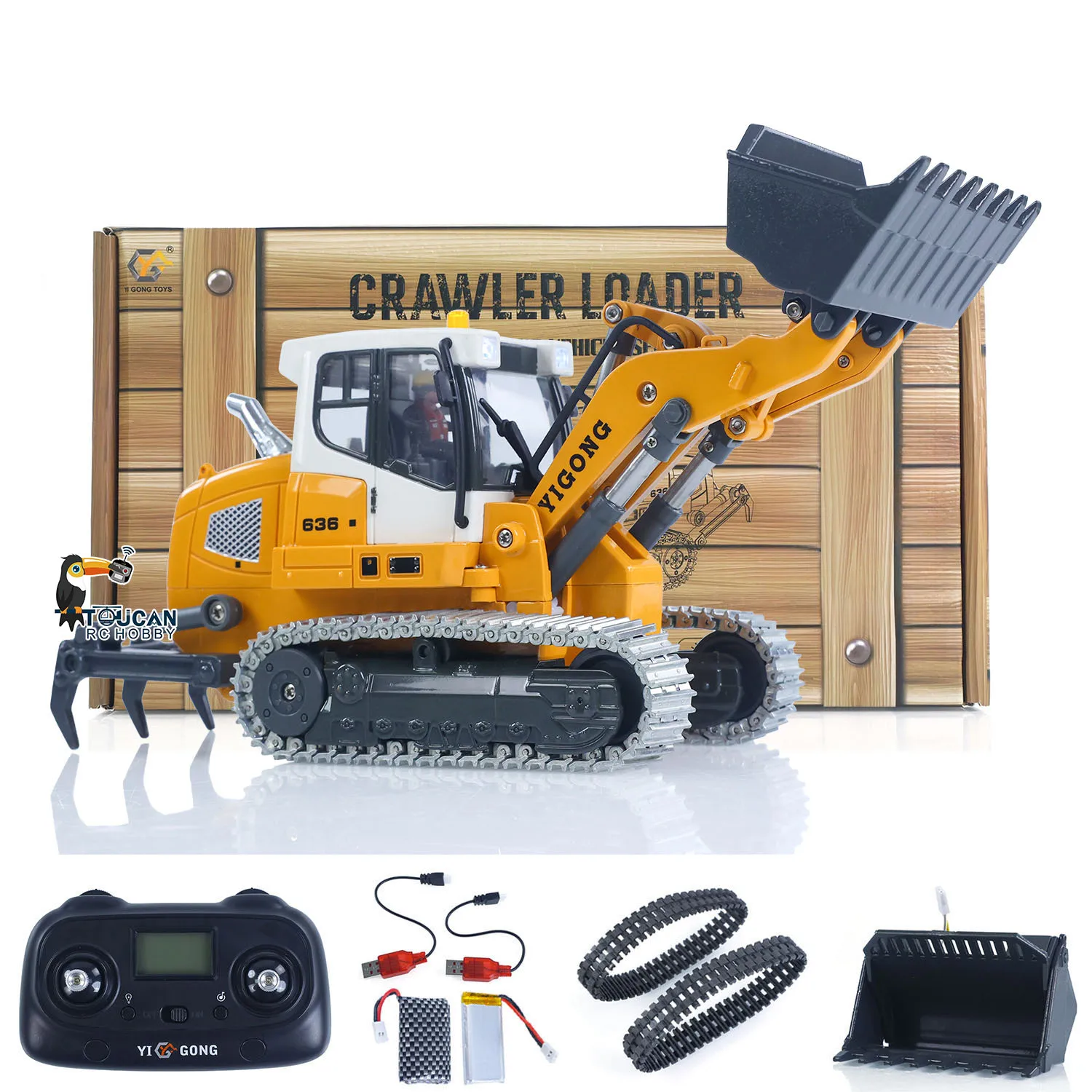Profil du chargeur sur chenilles RC 1/50 YIGONG LR636, véhicule de chantier électrique RTR montrant ses chenilles.