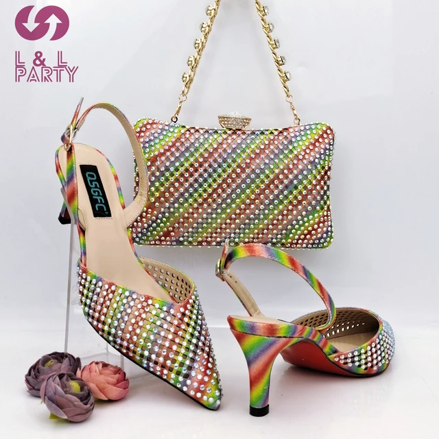 Women Shoes Matching Bag Set with Shinning Crystal with Thin Heels Garden  Party