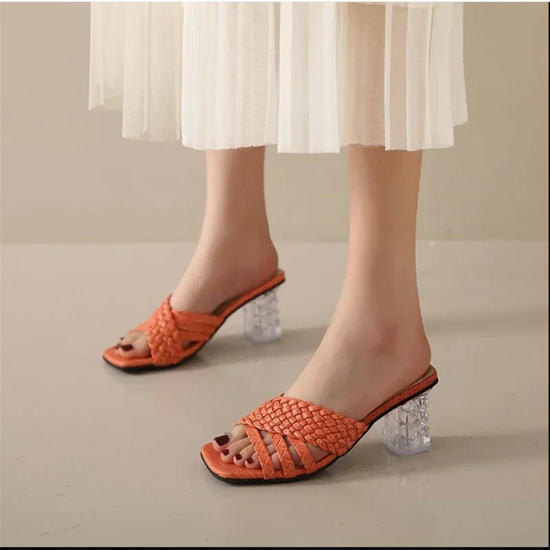 

Crystal heel sandals, women's woven cross straps, fashionable high heels, large size slippers
