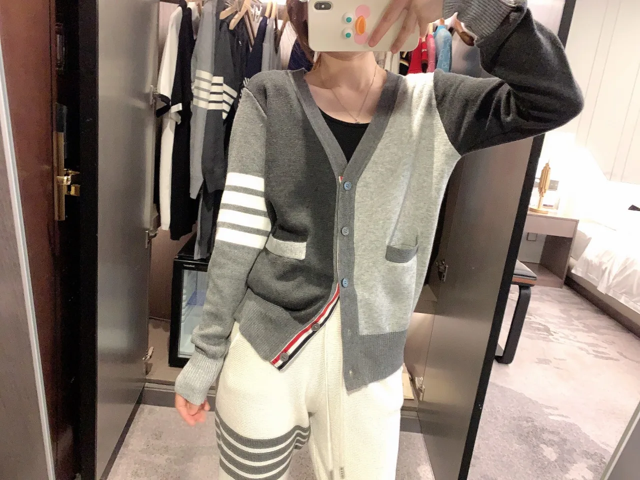 

Autumn and Winter 22 New Knitting Wool Cardigan Women's Medium Long Loose TB College Style Sweater Long Sleeve Top Coat