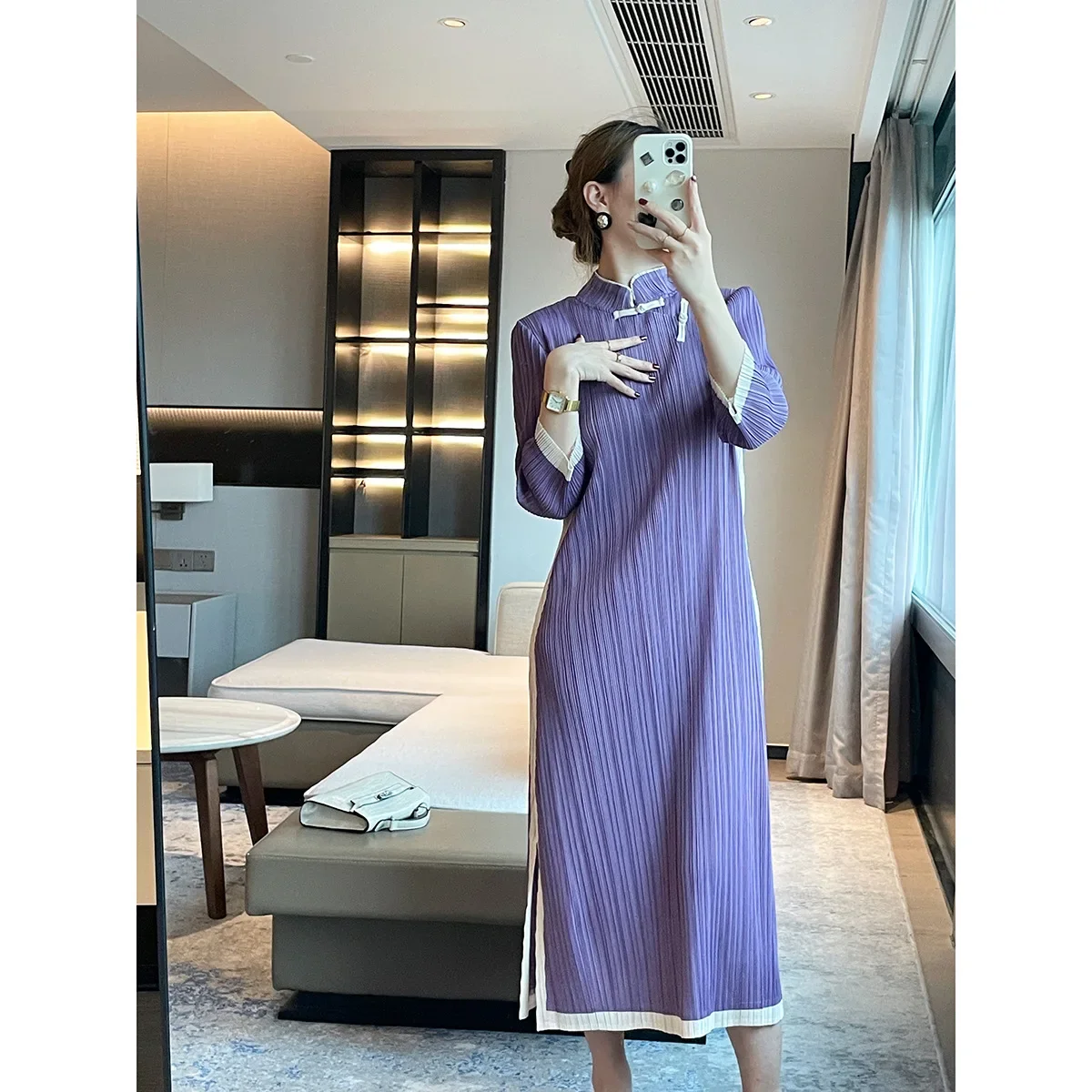 

Miyake Original Pleated 2023 Autumn Retro Long Modified Version Cheongsam Dress French Color Blocking Elegant Slim Long Skirt