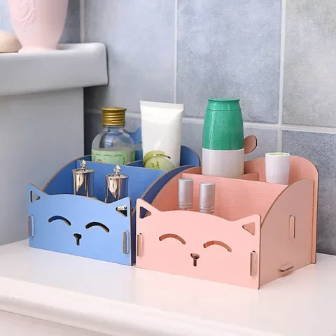 

Cat Pattern Wooden Box Assembly DIY Container Desktop Storage 1 PC Makeup Organizer Cosmetics Storage Boxes Office Pen