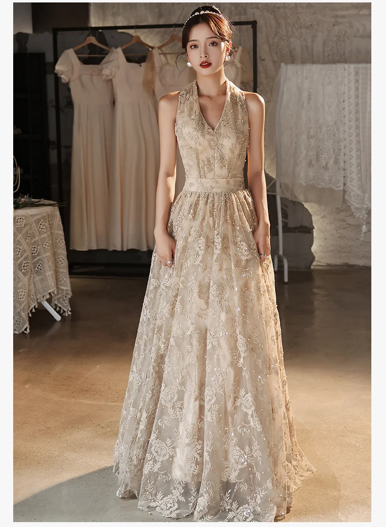 vintage prom dresses Sexy Halter Backless Prom Gowns 2021 V-Neck Sleeveless A-Line Floor-Length Beaded Lace Long Women Elegant Dresses For Gala satin prom dress