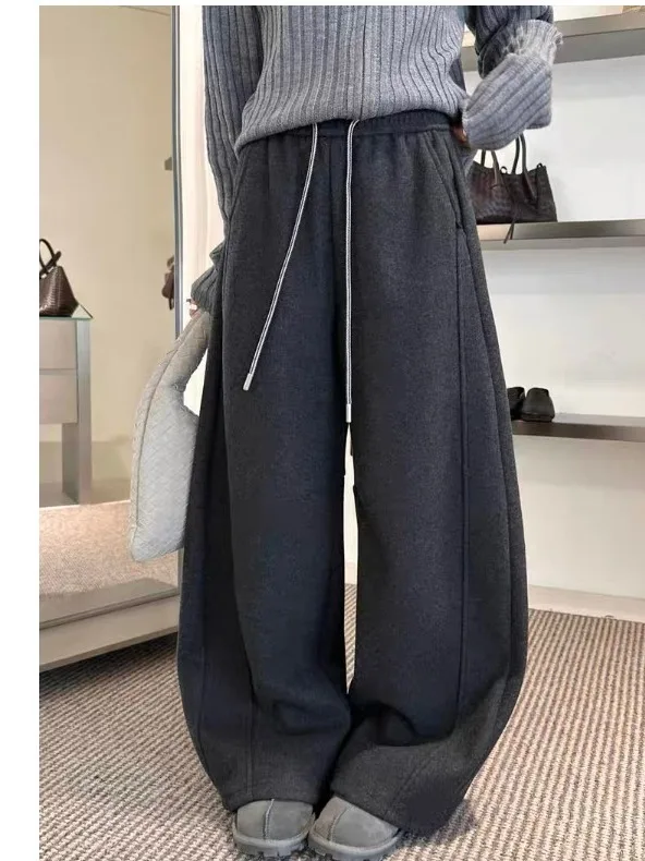 Winter Faion Wide Leg Elastic Waist Dstring Women's Casual Pants Fce Lined High Waist Warm Trousers Korean Sle