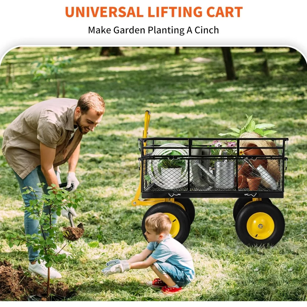 VEVOR Steel Garden Cart, Heavy Duty 1400 lbs Capacity, with Removable Mesh Sides to Convert into Flatbed, Utility Metaln