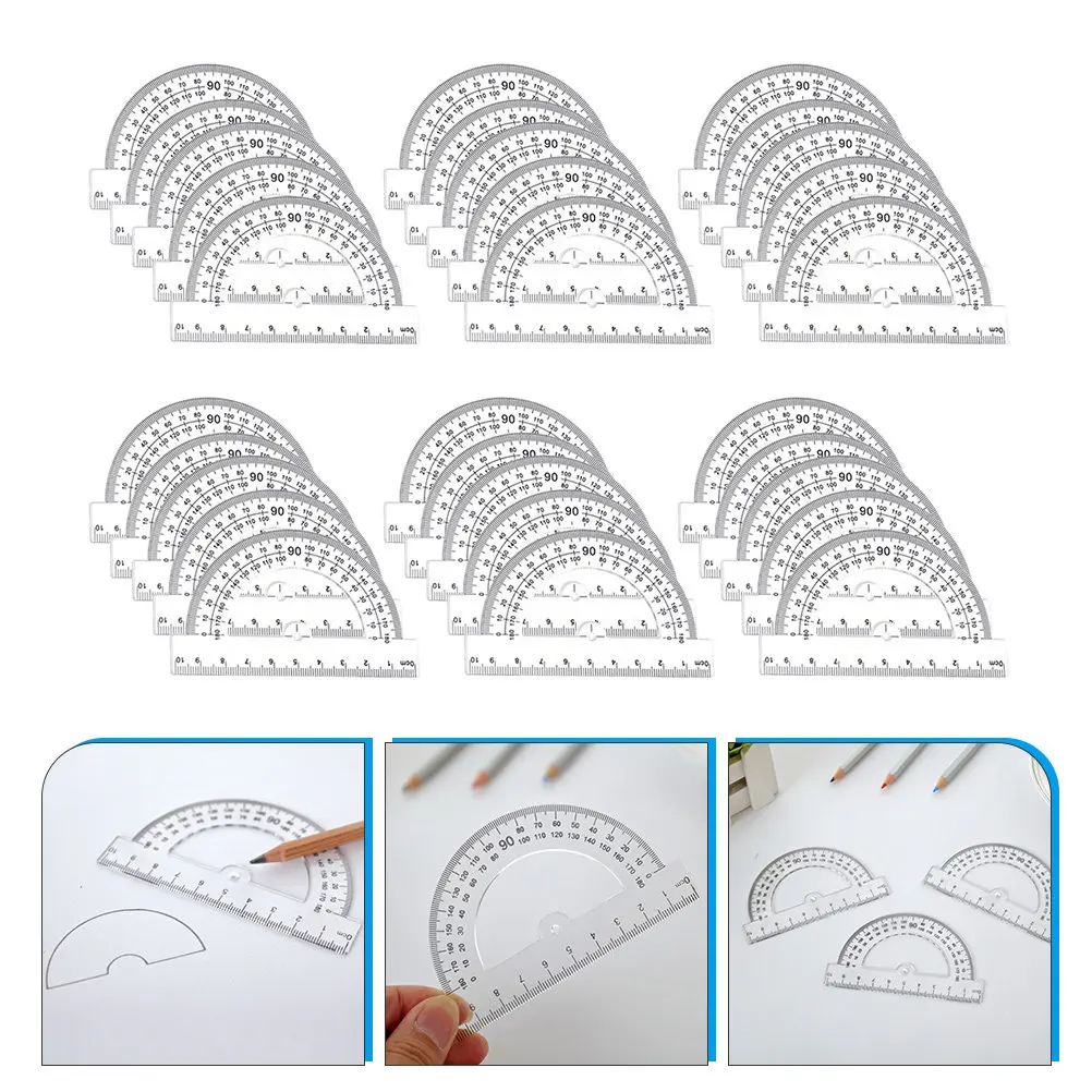 30Pcs 프리미엄 플라스틱 각도기 0-180도 듀얼 스케일 인치 Cm 눈금자 학생용 문구 제도 수학 수업 학교용