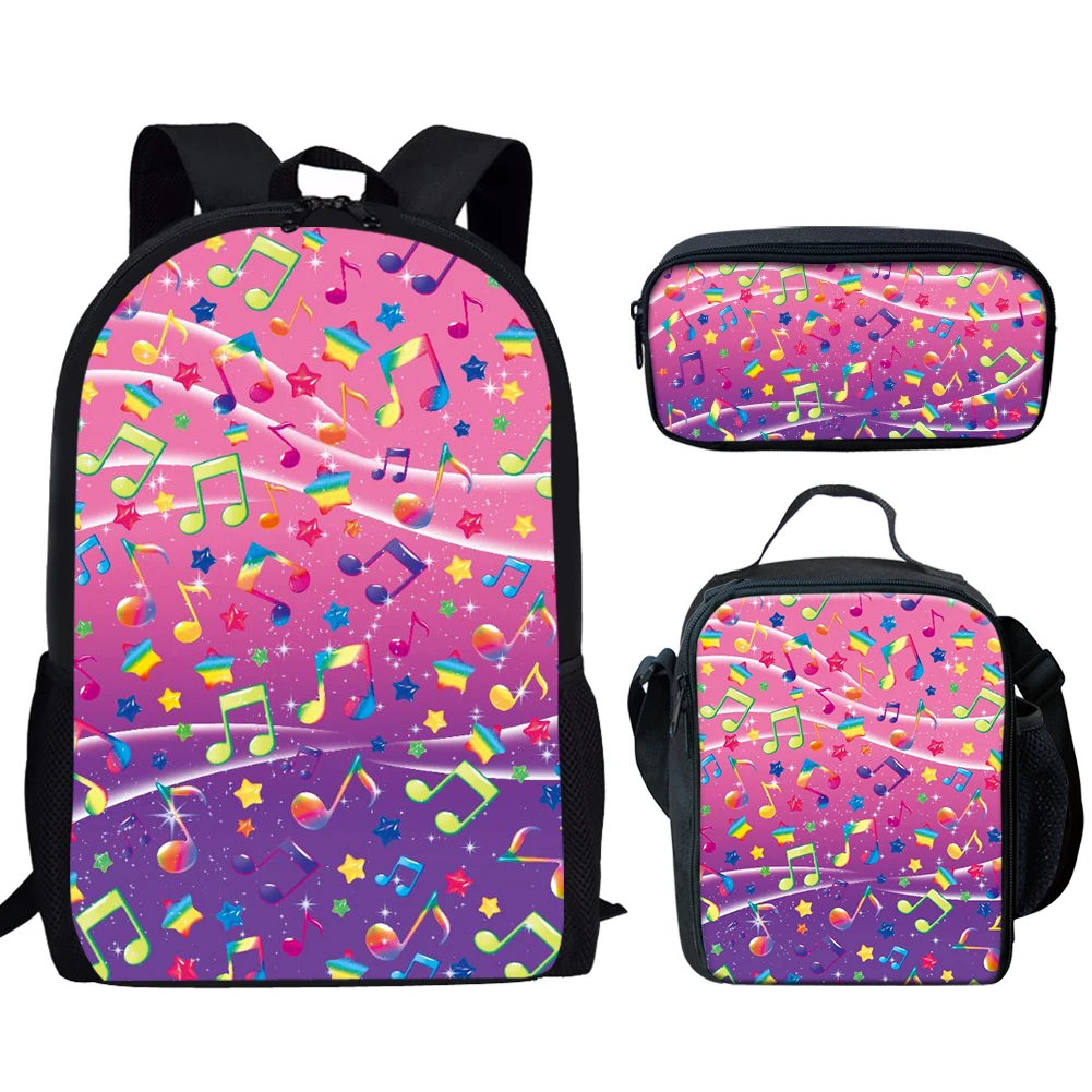 Casual 3Pcs School Bags Music Notes Print Lightweight Large Capacity Backpack for Teen Boys Girls Travel Bookbags Back to School