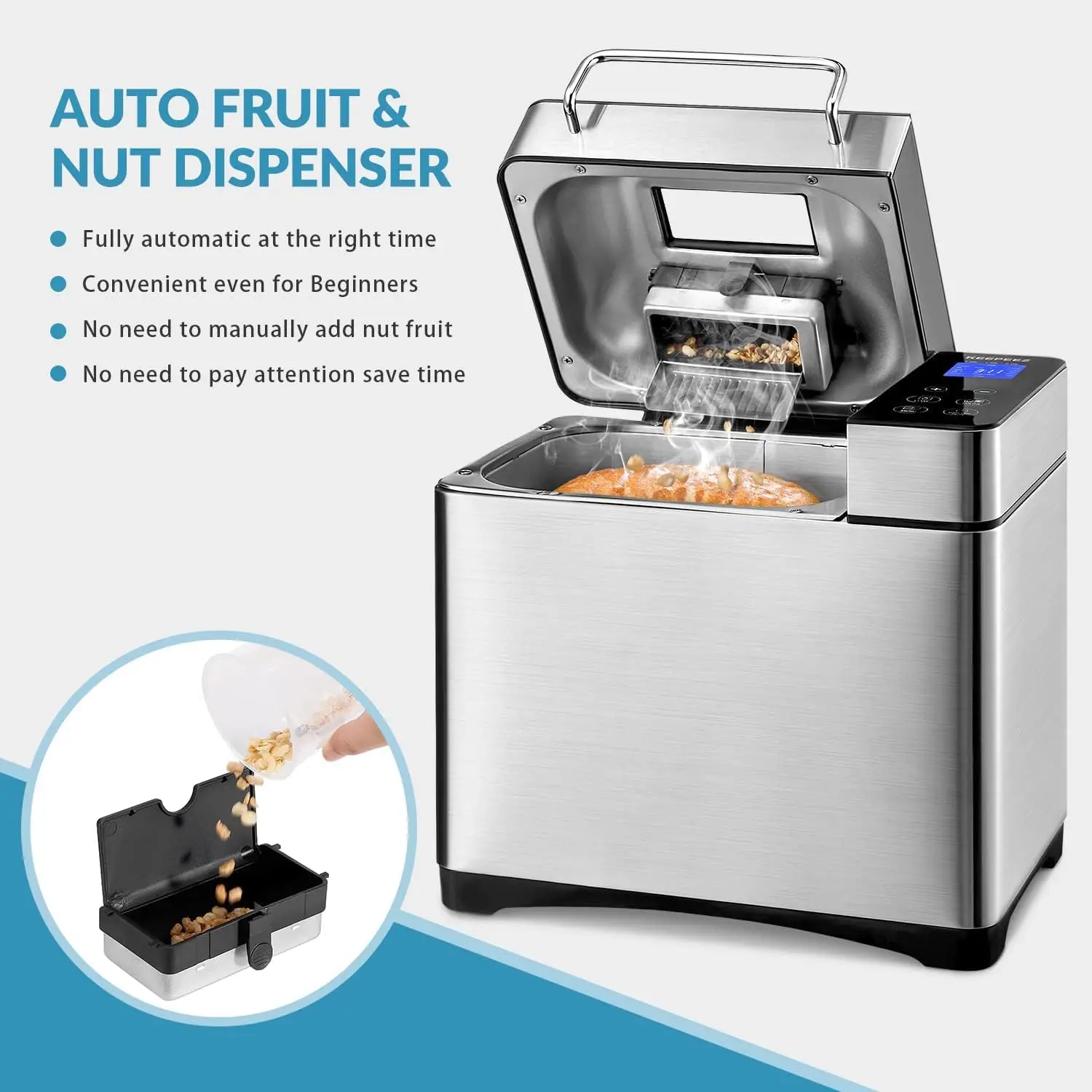 Stainless Steel Bread Maker, 2LB Bread Machine BPA-Free Non-Stick 5-Layer Superior Die-Cast Ceramic Pan, Auto Fruit Nut Dispense 5