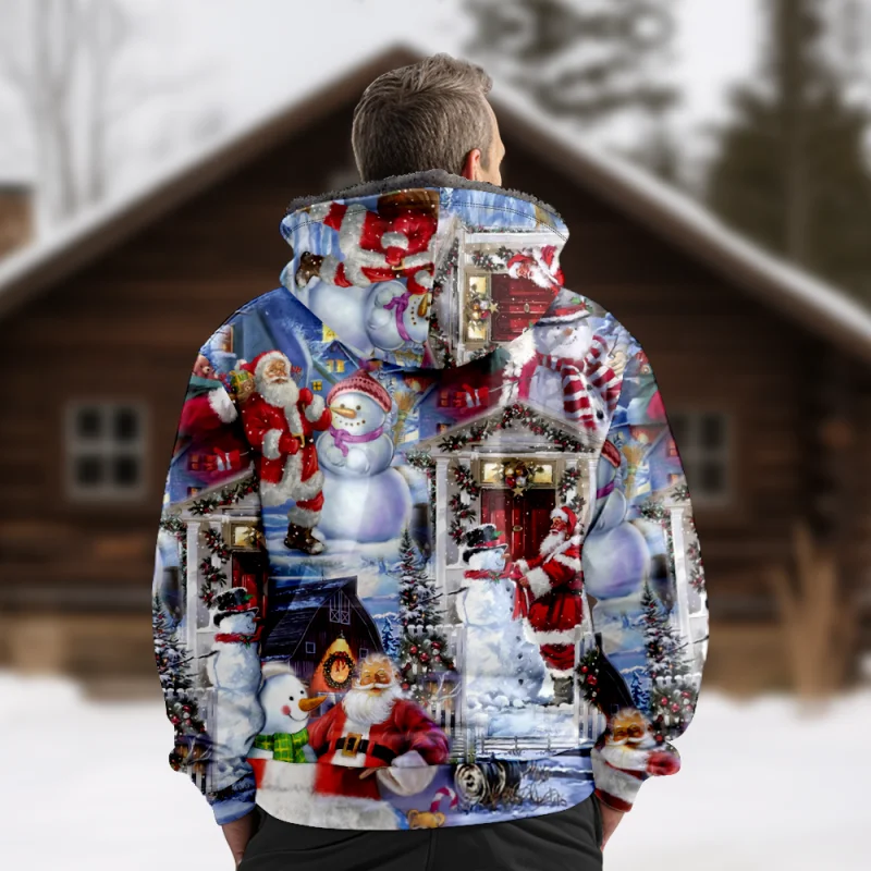 Christmas Cotton Coat Hooded Sweater Casual Print Men's Fur Loop Arctic Velvet Zipper Patch Pocket Hooded Sweater a02
