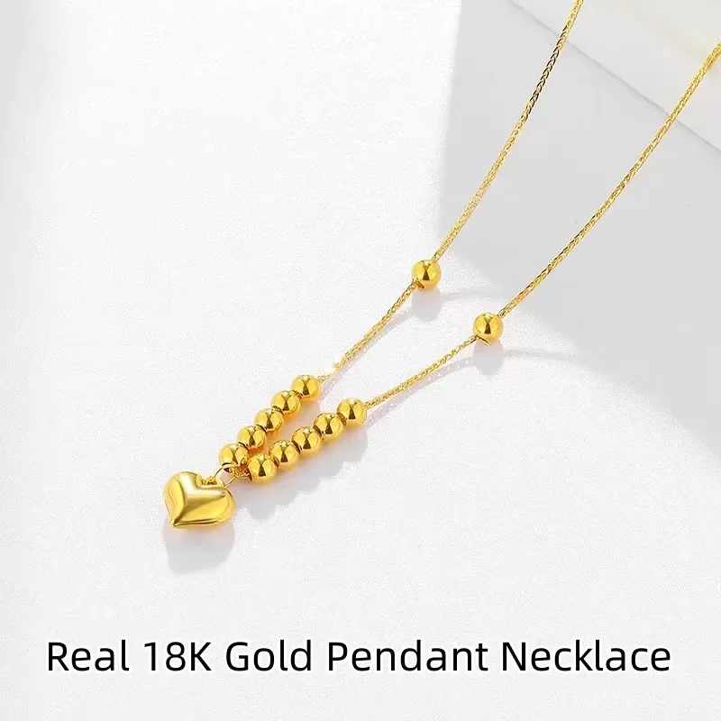 

MUZHI Real 18K Gold Necklace for Women Genuine AU750 Heart shaped Pendant Lucky Beads Chopin Chain Simple Fine Jewelry Gift P070