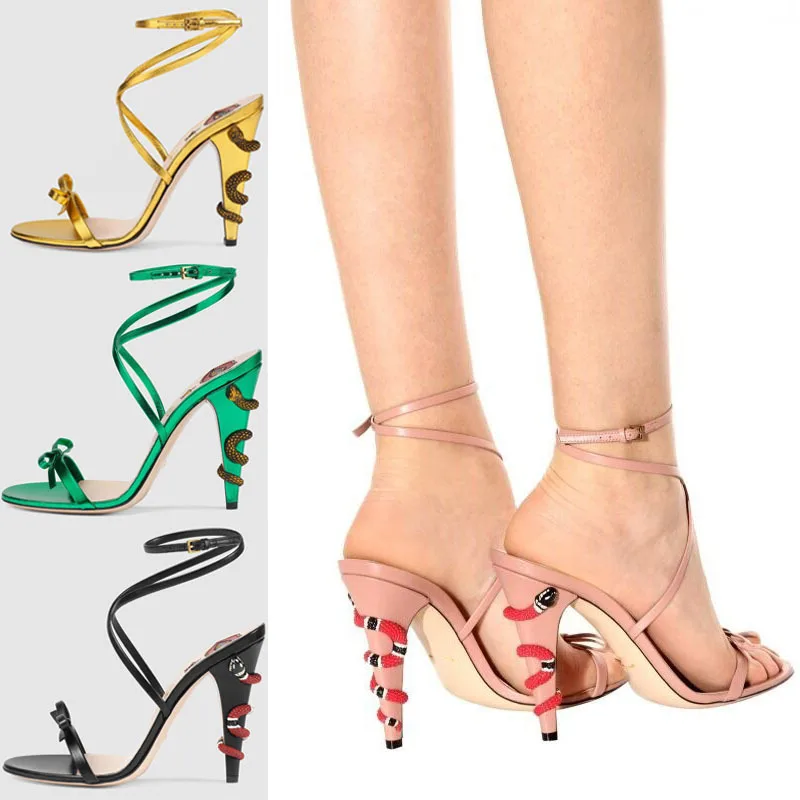 

Women's Runway Shoes with Slim High Heels, Buckles, Snake Heels, Bow Knots, Cross Straps, and A Combination of Fine Straps