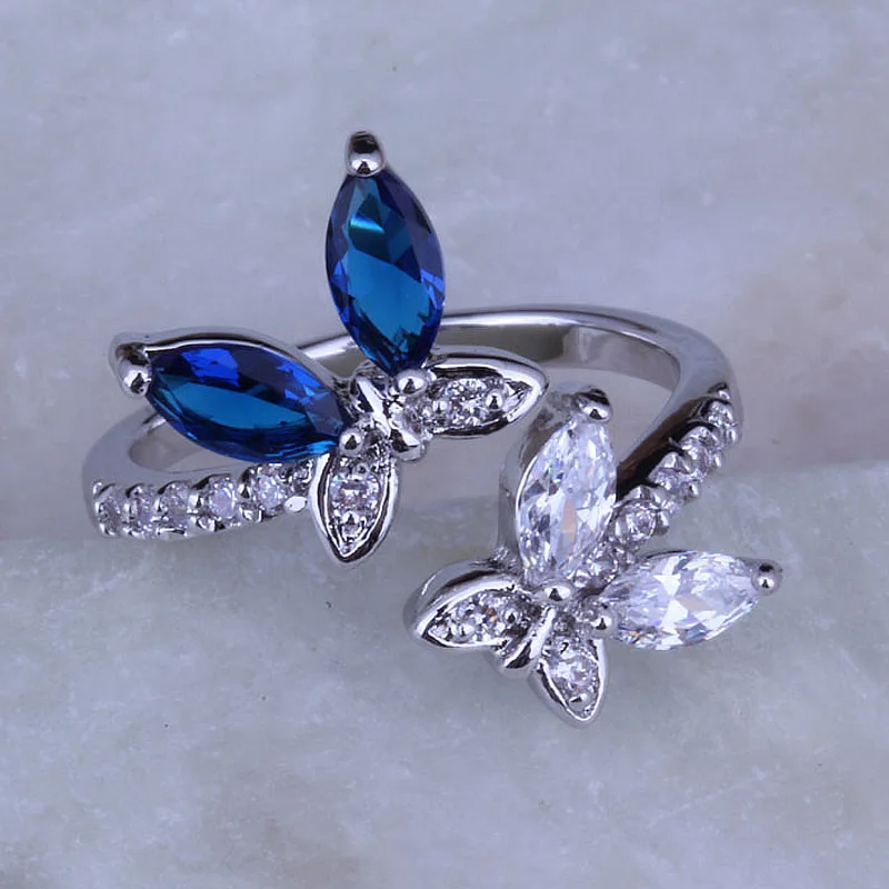 Top Quality Rings Aesthetic Blue & White Crystal Butterfly Silver Color
